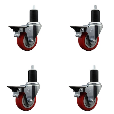 Service Caster 3.5'' Red Poly Swivel 1-3/4'' Expanding Stem Caster Set with Brake, 4PK SCC-EX20S3514-PPUB-RED-PLB-134-4